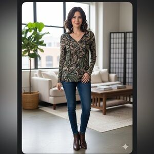 Chico's Black and Green Paisley Mesh Long Sleeve Top